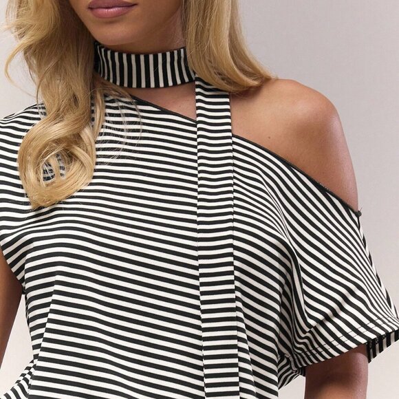 Casual Women's Asymmetrical Neck Slouch Stripe Scarf Detail blouse - Picture 5 of 5